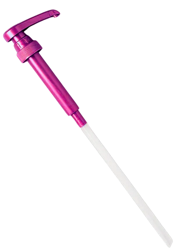 A metallic pink manual syrup dispenser pump with a clear plastic tube, shown diagonally on a solid white background.