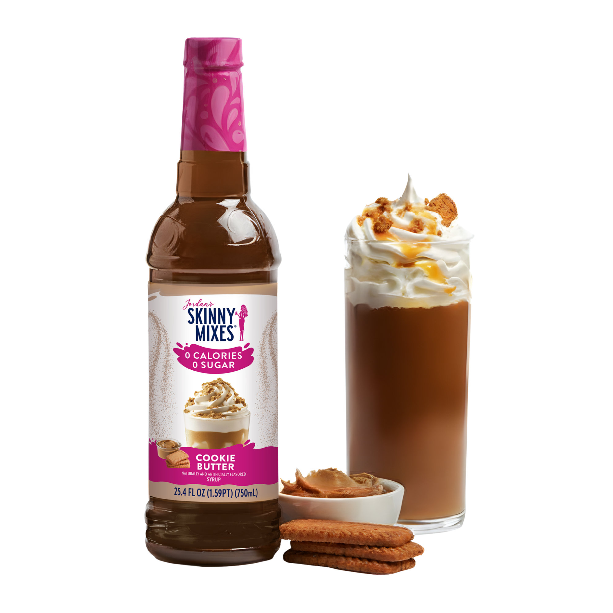Skinny Mixes Cookie Butter syrup bottle with a glass of dessert and cookies on a white background