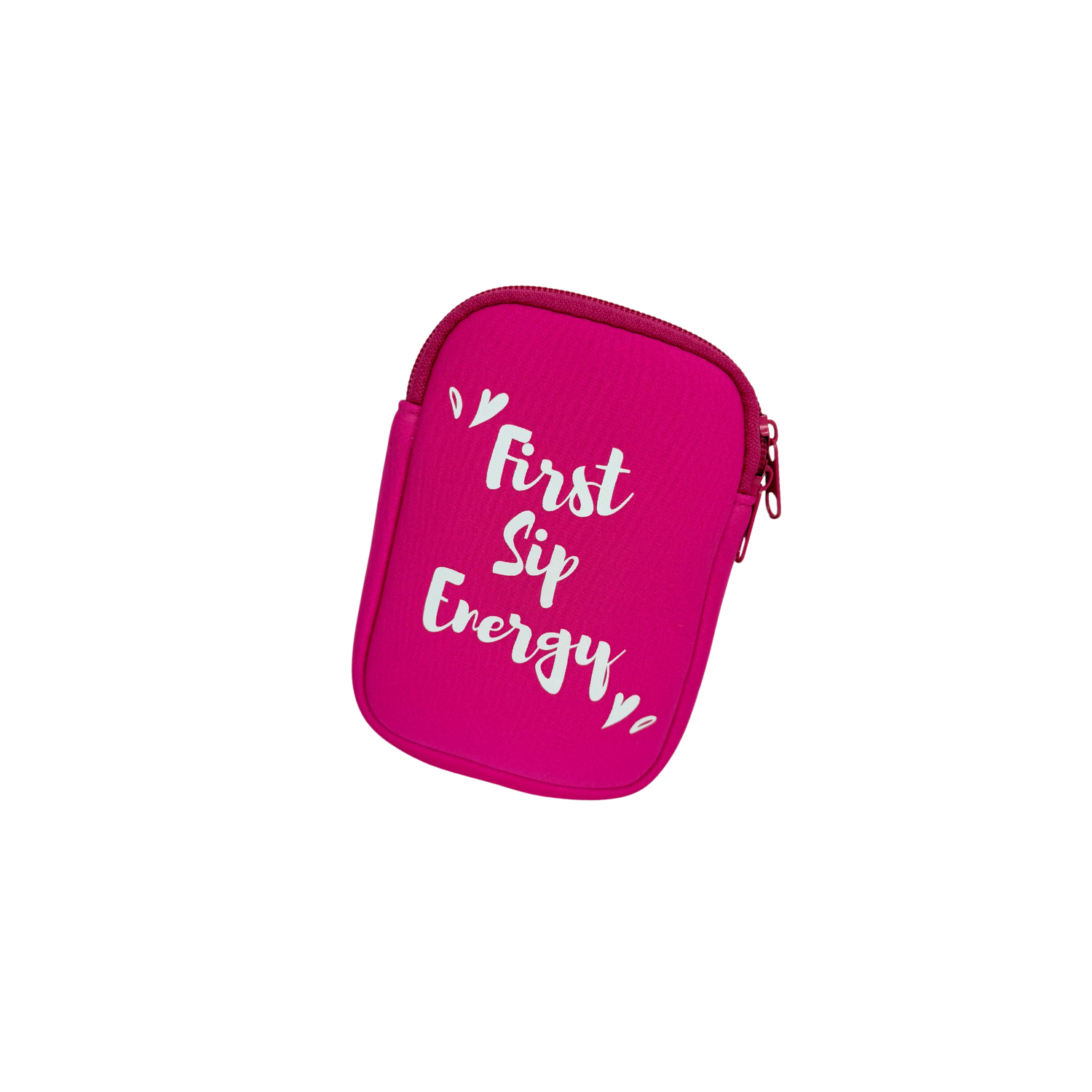 Pink pouch with 'First Sip Energy' text on a white background