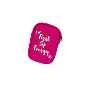 Pink pouch with 'First Sip Energy' text on a white background
